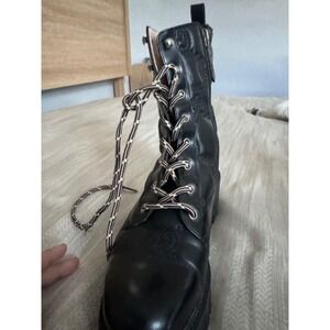 Gucci GG Matelasse Black Leather Combat Boots Lug Sole Lace Up Side Zip Boots